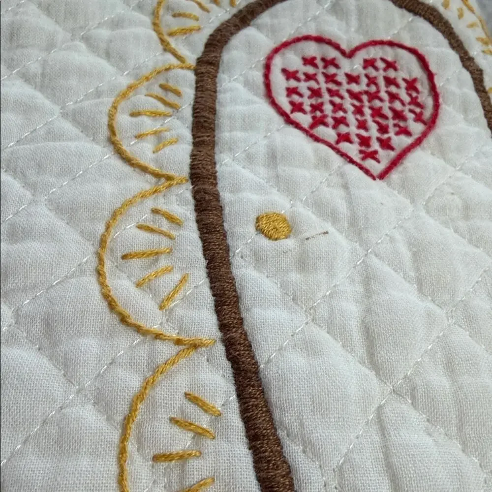 Vintage Handmade Embroidered Gingerbread House Baby Quilt 36x55